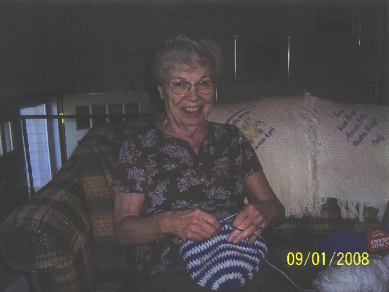 Grandma Katie making beanies